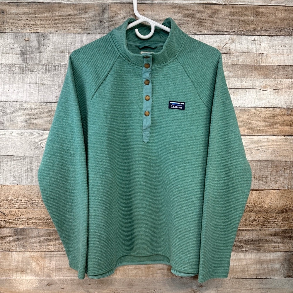 LL Bean Womens Quilted Sweatshirt Teal Green Ribbed Snap Mock Neck Pullover L